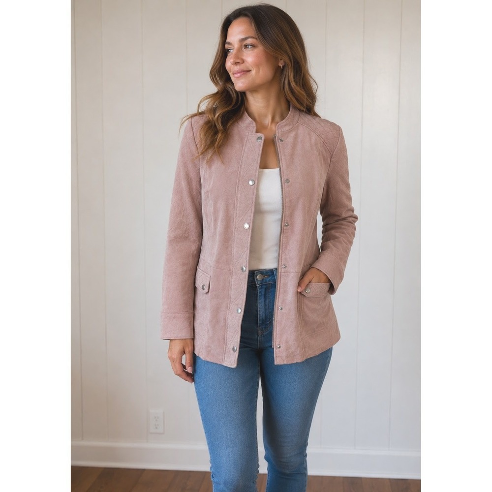 Isaac Mizrahi Blush Pink Suede Moto Utility Jacket 14 Western Quiet Luxury Chic